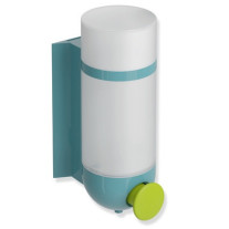 HEWI Seifenspender, Wandsockel und Halterung aquablau, Drucktaste apfelgrün, Behälter und Deckel, matt weißem transparentem Kunststoff, 500ml, 477.06.11035