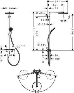 Hansgrohe Showerpipe Pulsify S Puro 260 1 jet Brausethermostat Aufputz Handbrause 3 jet chrom 24236000