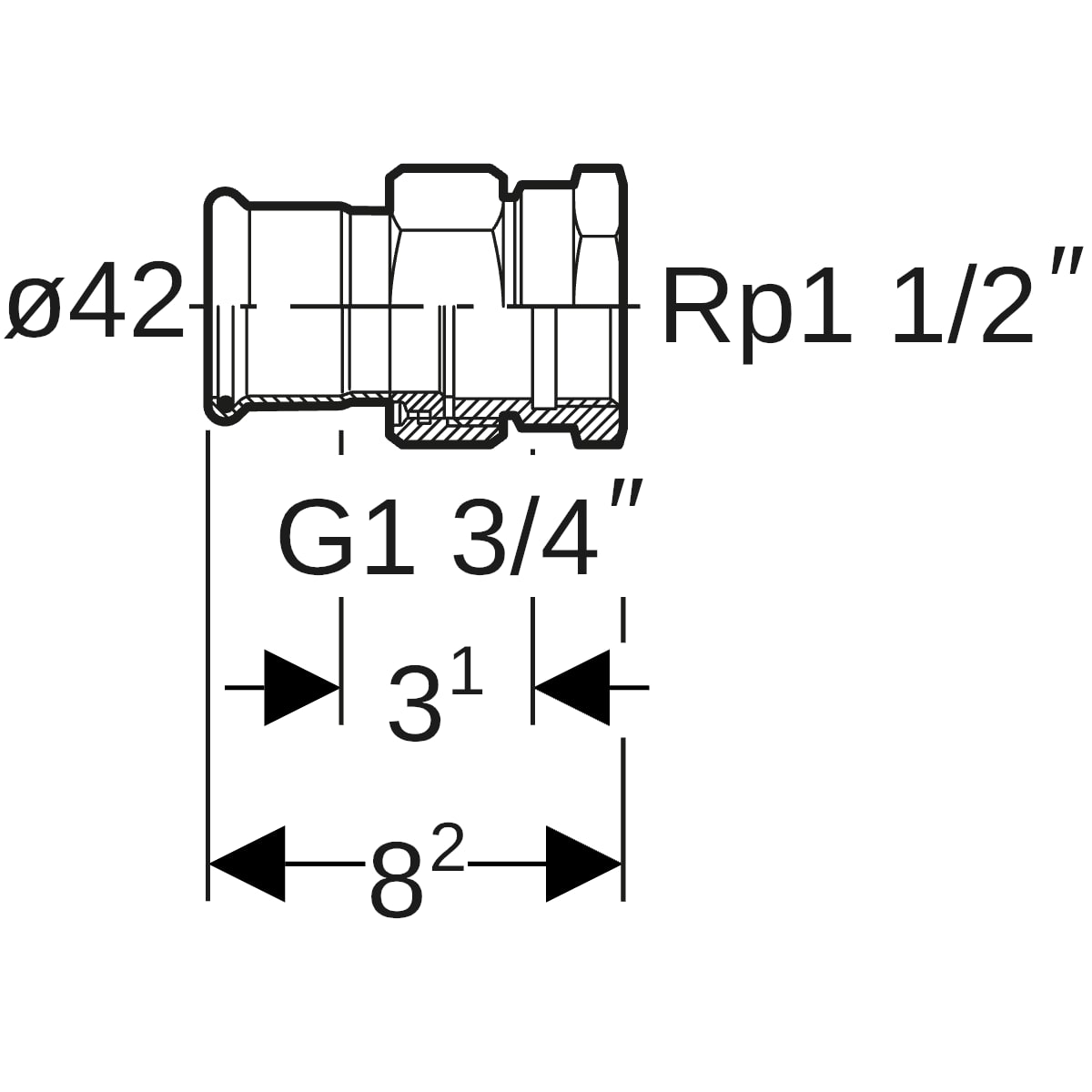 Geberit Mapress C-Stahl Übergangsverschraubung mit IG d42-Rp1 1/2verzinkt 25308