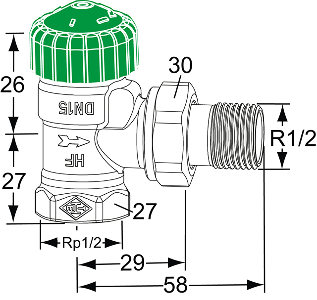 Heimeier Thermostat-Ventilunterteil Eclipse 300, Eckform, DN15  3951-02.000