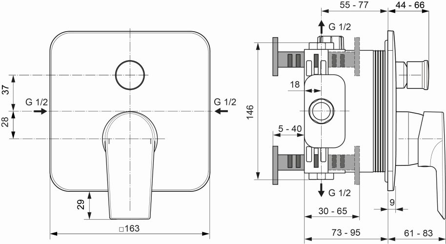 Ideal Standard Tesi Badearmatur Unterputz Bausatz 2, Rosette 163x163mm, chrom A6586AA