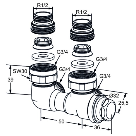 Heimeier Verschraubung Vekolux 1-Rohr 1/2" Eck Rohranschluss G 3/4 AG 0535-50.000