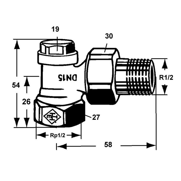 Heimeier Regulux Verschraubung 1/2" Eck DN15, mit Entleerung 0351-02.000