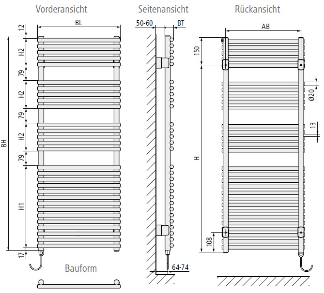 Arbonia Bagnotherm Watt H: 1.200 B: 900mm, max. P: 1200W, weiß, WRS weiß, links E3E1012900113XA