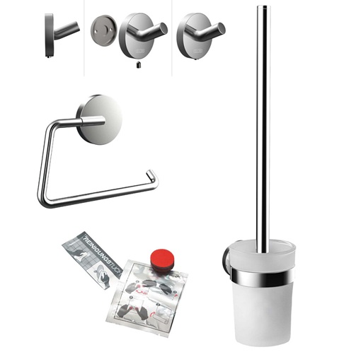 Emco WC-Set Round Papierhalter mit Deckel, Bürstengarnitur und Doppelhaken chrom 439800100