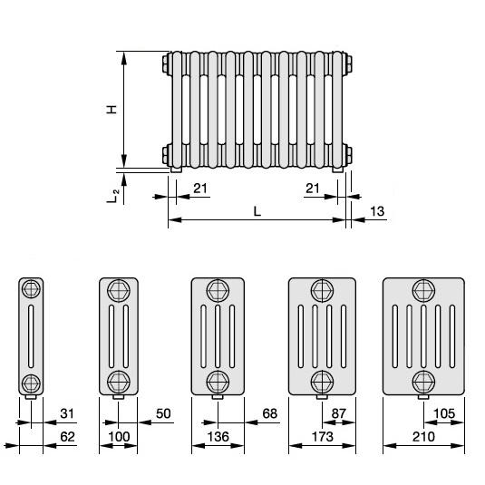 Zehnder Anschlussart 3570, unten links rechts für Charleston, Anschluss 2-Rohr mit externem Ventil 3570