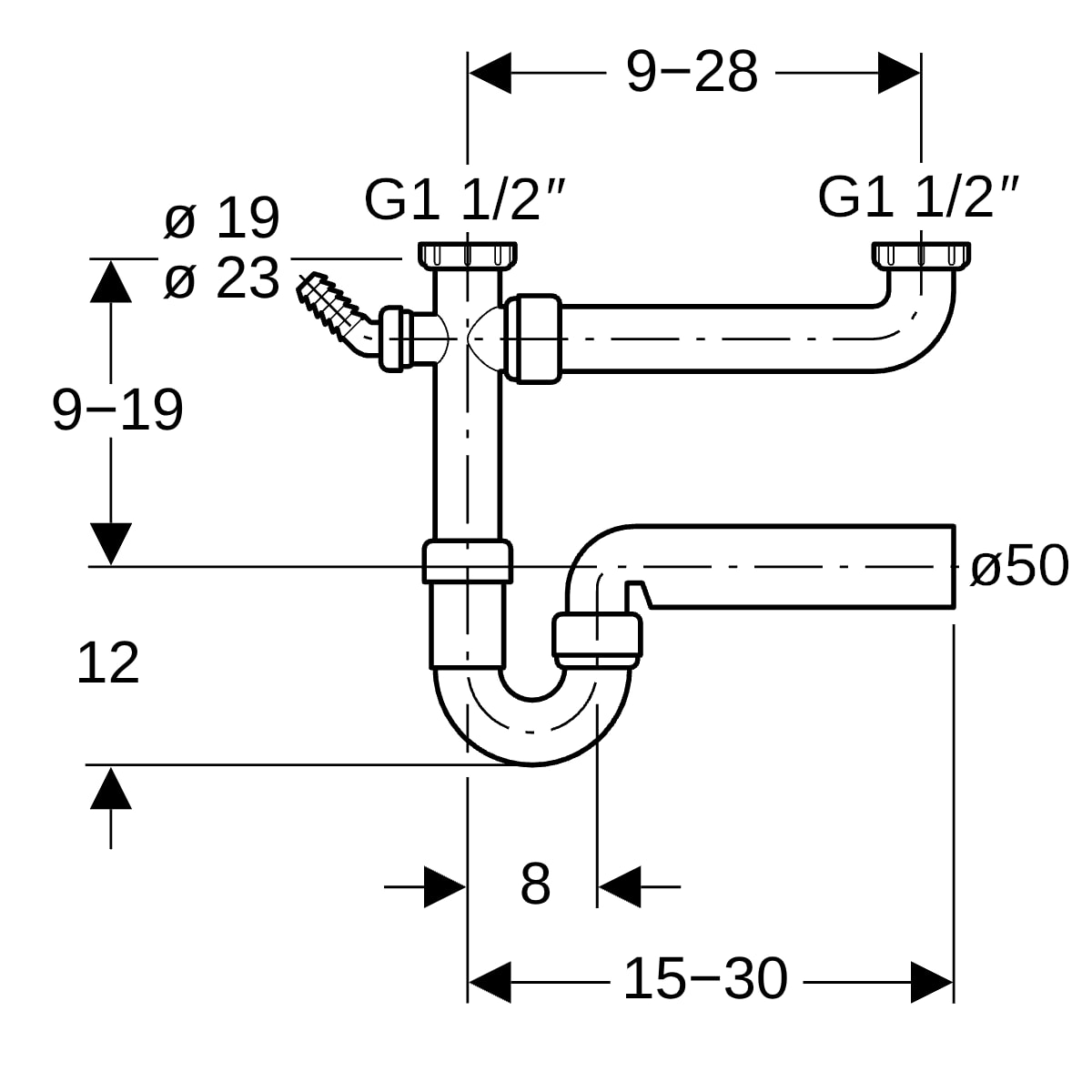 Geberit Rohrbogengeruchsverschluss für zwei Spülbecken Abgang horizontal G1 1/2x50 OM 152.715.11.1