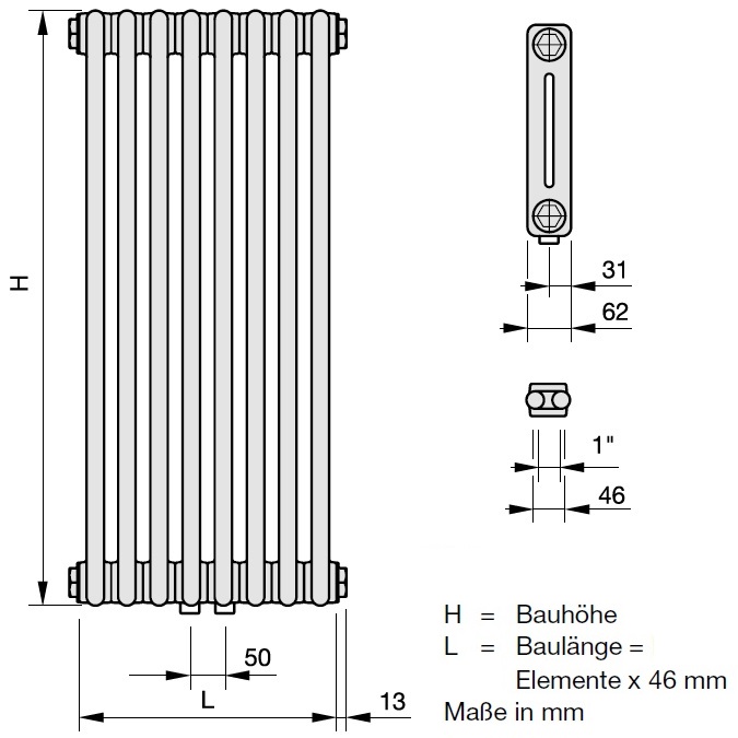 Zehnder Röhrenradiator Charleston 2-Säuler H: 220 L: 101,2cm, Modell 2220-22, weiß  ZC124622B115000