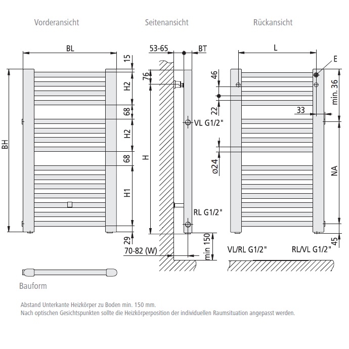 Kermi Basic-D gerade Badheizkörper H: 177 B: 74,9cm weiß, rechts E001D1800752RXK