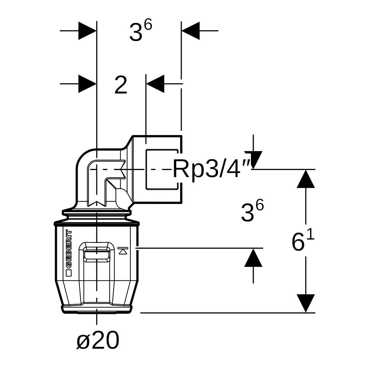 Geberit PushFit Übergangsbogen 90 Grad mit IG Rotguss d20-Rp3/4 651.252.00.1