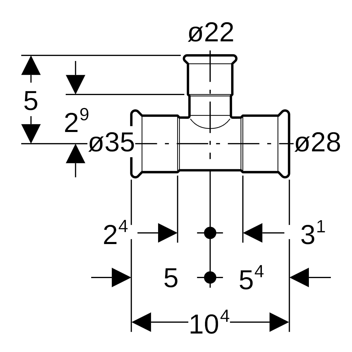 Geberit Mapress Edelstahl T-Stück reduziert d35-22-28 31235