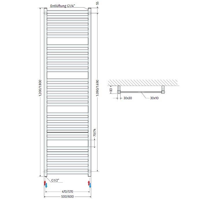 HSK Designheizkörper Line Aero H: 1800 L: 600 mm, graphit-schwarz 8046180-173