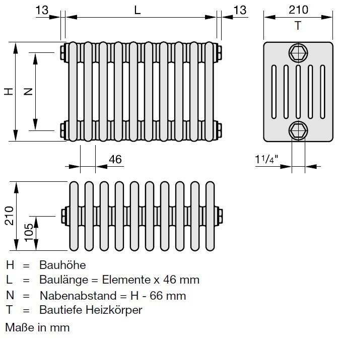 Zehnder Röhrenradiator Charleston Austausch 6-Säuler H: 106,6 L: 101,2cm, Modell 6107-22, weiß ZC364022B101000