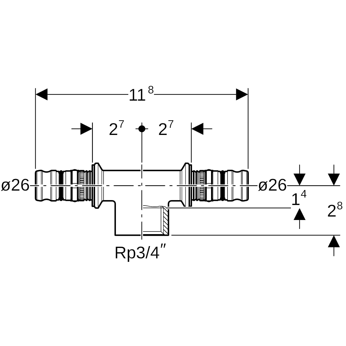Geberit Mepla T-Stück mit IG Rotguss d26-Rp3/4-26 603.362.00.5