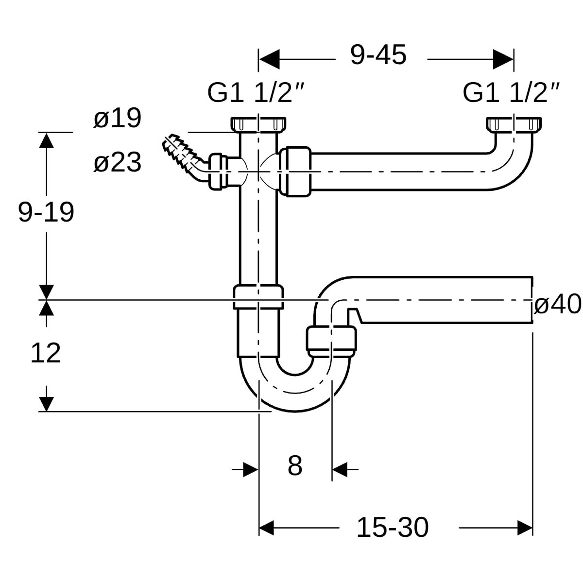 Geberit Rohrbogengeruchsverschluss für zwei Spülbecken Abgang horizontal G1 1/2x40 extralang 152.597.11.1