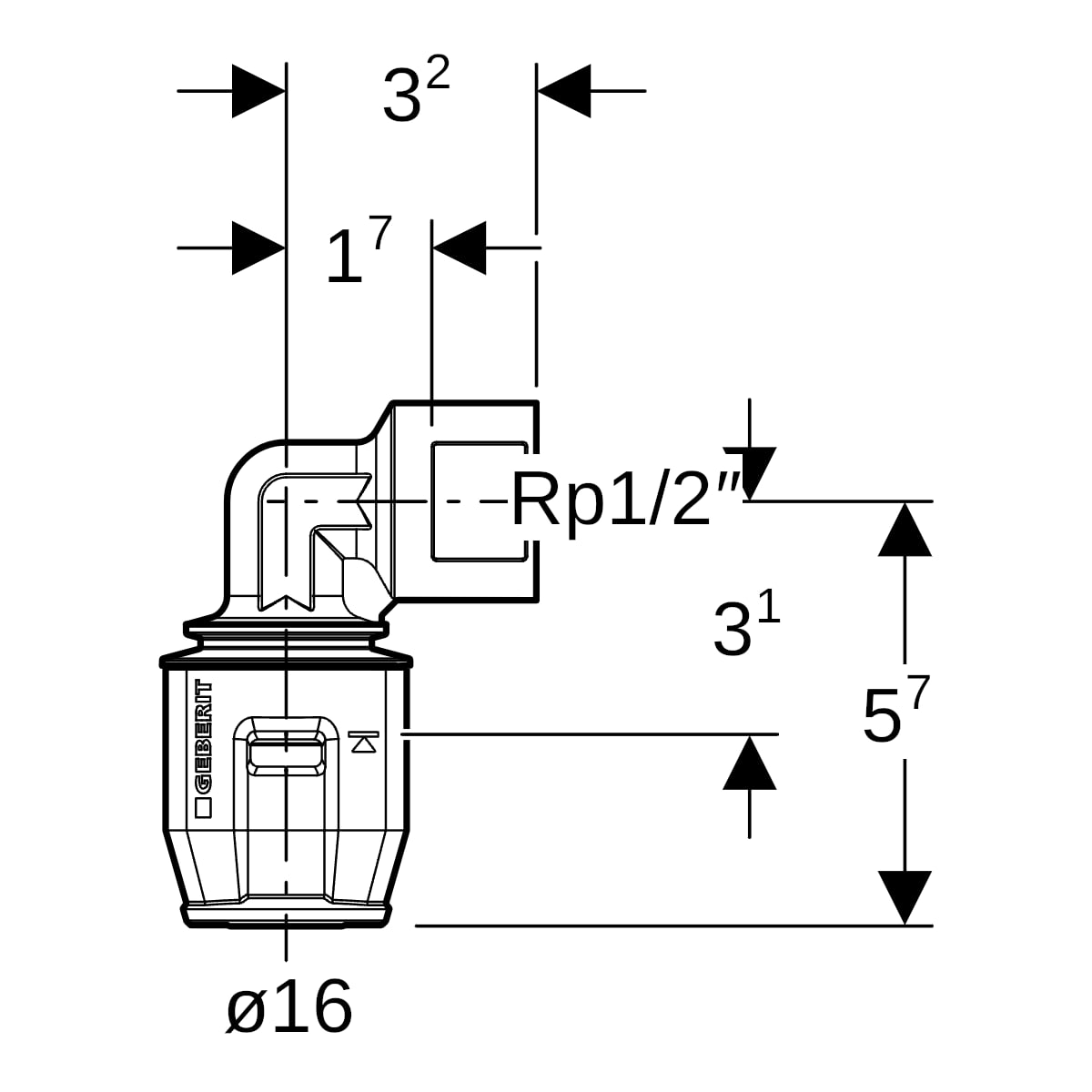 Geberit PushFit Übergangsbogen 90 Grad mit IG Rotguss d16-Rp1/2 650.251.00.1