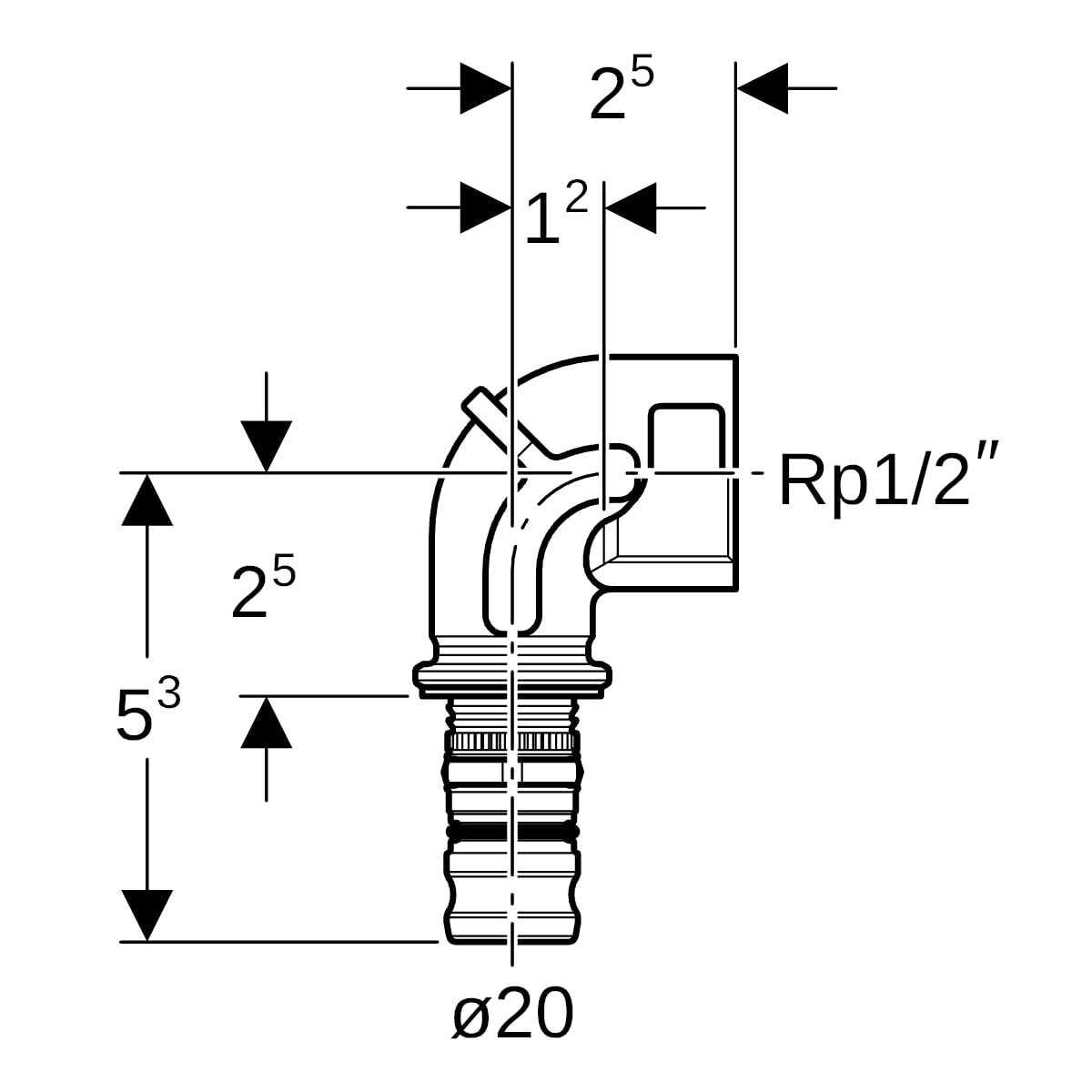 Geberit Mepla Übergangsbogen 90 Grad mit IG Rotguss d20-Rp1/2 602.256.00.5