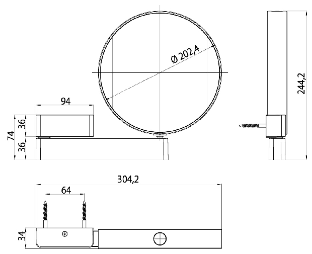 Emco LED-Kosmetikspiegel Prime 3-/7-fach, 1-armig D=202mm, Direktanschluss, Schalter, Farbwechsel, beidseitig verspiegelt109506017