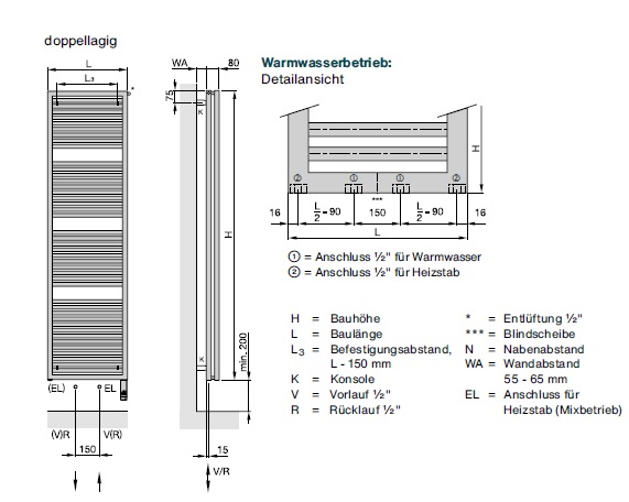 Zehnder Universal HUD-180-100 Badheizkörper H: 180,7 B: 100cm, doppellagig, weiß ZU2004A0B100000