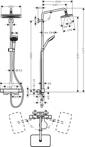 Hansgrohe Croma E Showerpipe 280 1jet EcoSmart mit Thermostat, Chrom 27660000