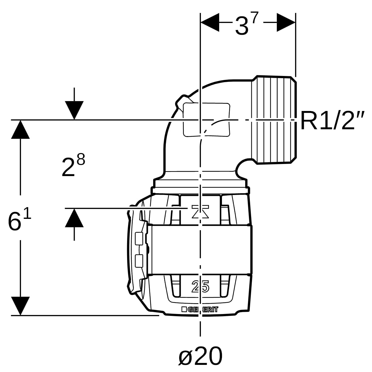 Geberit FlowFit Übergangsbogen 90 Grad mit AG RG, d20-R1/2, lang 620.524.00.1