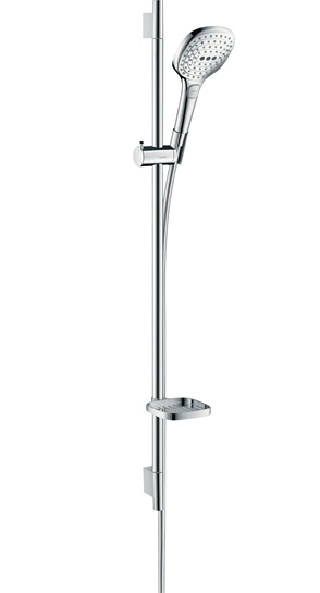 Hansgrohe Brauseset Raindance Select E 120 3jet EcoSmart mit Brausestange 900mm und Seifenschale, Weiß/Chrom 26623400