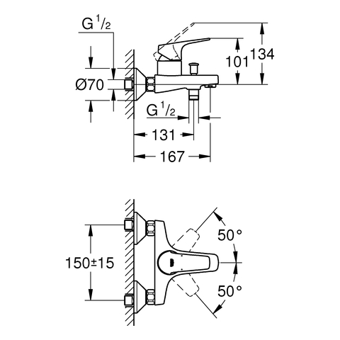 Grohe BauFlow Einhand-Wannenbatterie chrom Wandmontage 23756000