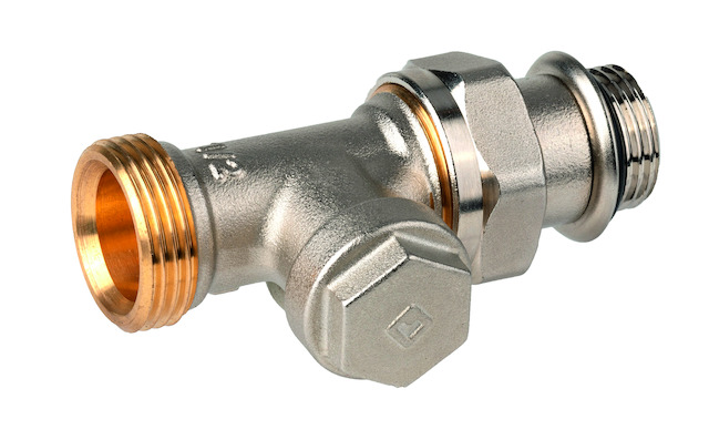 Resideo Rücklaufverschraubung, regelbar, Verafix-E, Durchgang, DN15, AG 3/4", vernickelt, Weichdichtung V2437D0015