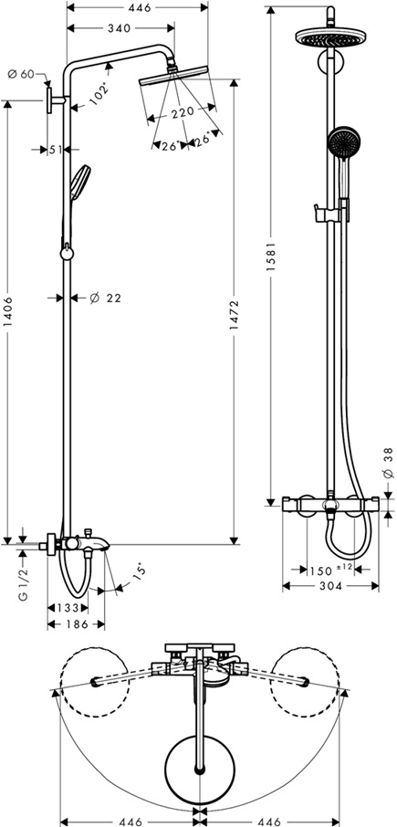 Hansgrohe Showerpipe Croma 220 für Wanne chrom mit Thermostat 27223000