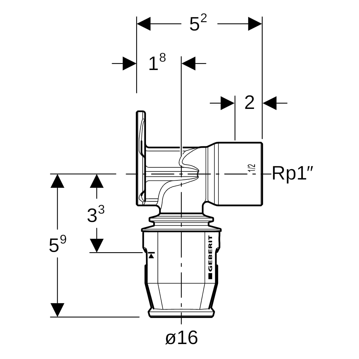 Geberit PushFit Anschlusswinkel 90 Grad Rotguss d16-Rp1/2 L:52mm 650.281.00.1