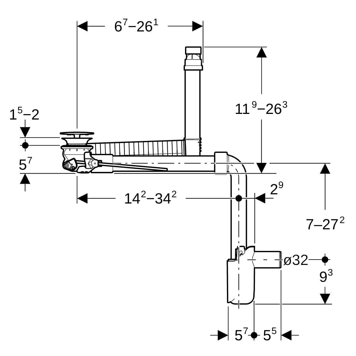 Geberit Clou Waschtisch-Ablauf Raumsparmod. für ONE mit Hebelbet. und Ventilabd., d32, chrom 152.051.01.1