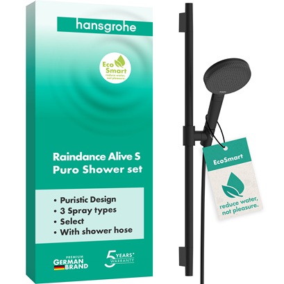Hansgrohe Brauseset Raindance Alive Select S 125 3jet EcoSmart mit Brausestange Unica S Puro 650mm, Mattschwarz 24602670