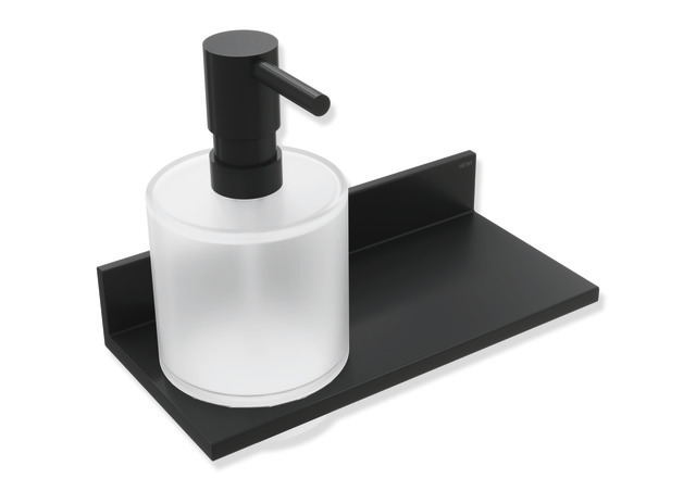 HEWI Ablage mit Seifen-oder Desinfektionsspender, Metall, Seifenspender Kristallglas, satiniert, Pumpenkopf schwarz tiefmatt 900Q03.00260 DC