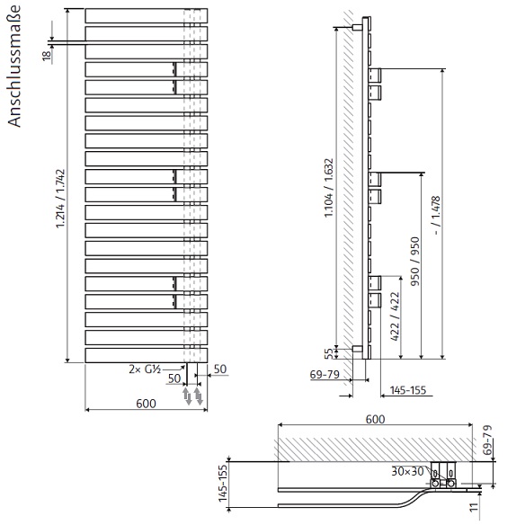 HSK Designheizkörper Yenga Plus H: 121,4 B: 60cm graphit-schwarz 8860120-173