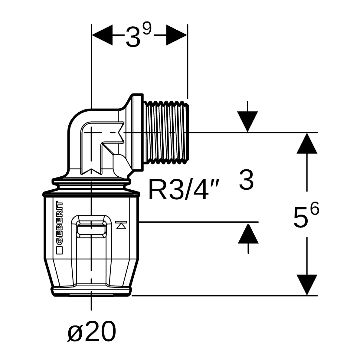 Geberit PushFit Übergangsbogen 90 Grad mit AG Rotguss d20-R3/4 651.242.00.1