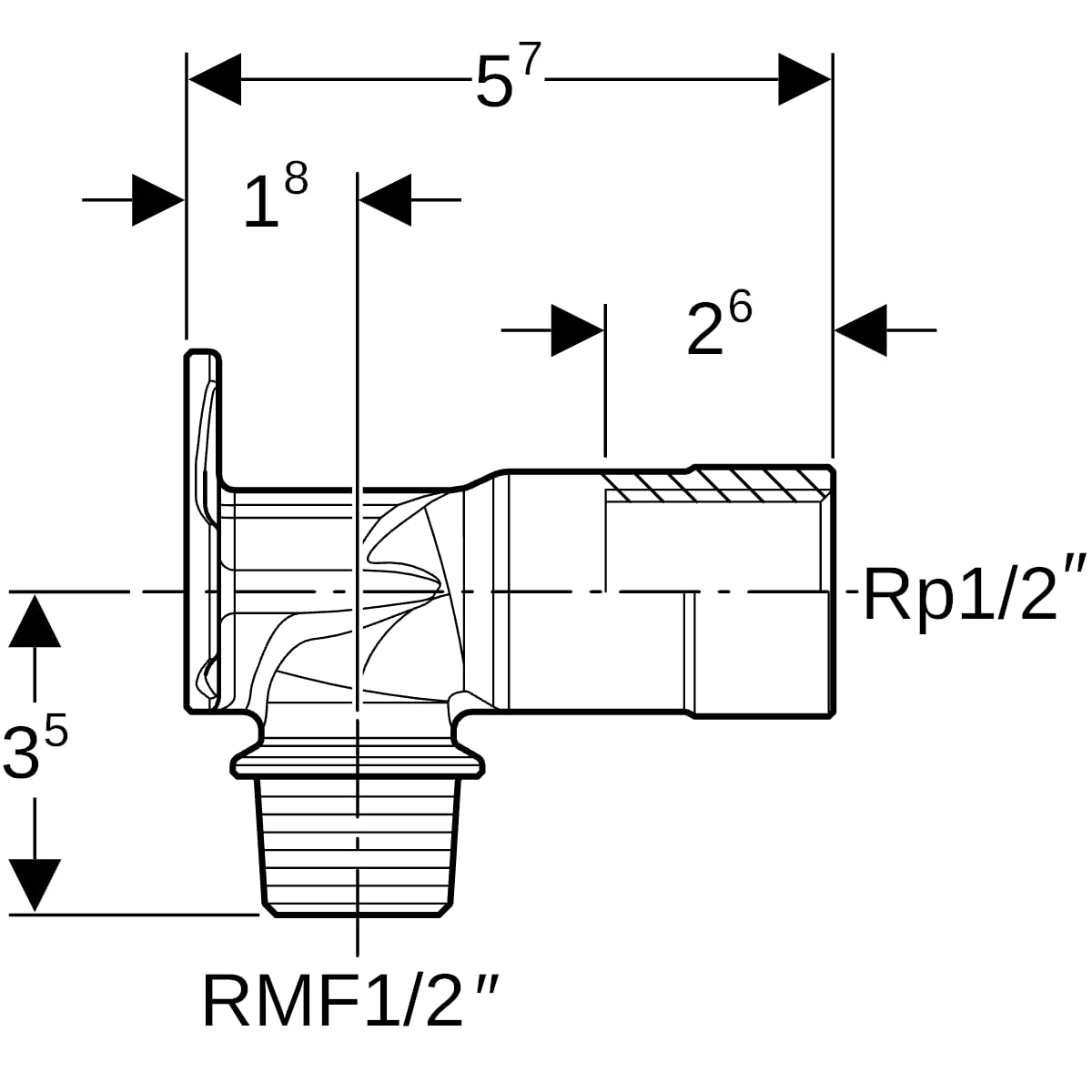 Geberit Anschlusswinkel 90 Grad mit AG MF Rotguss R1/2-Rp1/2 L:57mm 602.285.00.1