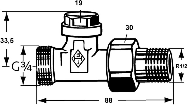 Heimeier Regulux Verschraubung 3/4'' Durchgang, AG DN20, mit Entleerung 0414-02.000