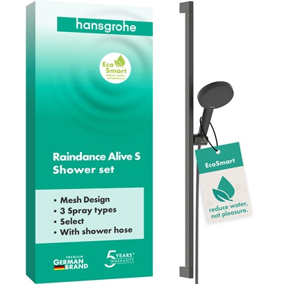 Hansgrohe Brauseset Raindance Alive Select S 125 3jet EcoSmart mit Brausestange Unica E Puro 900mm und Easy Slide Brausehalter, Brushed Black Chrome 24601340