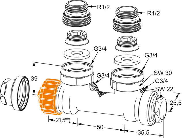 Heimeier Multilux Eclipse Anschlussarmatur Eck, Rp 1/2" IG Anschluss Heizkörper Rp 1/2 IG 3866-02.000