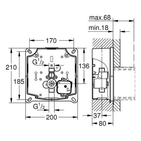 Grohe Urinal-Rohbauset Rapido U für manuelle Betätigung/Tectron IR Elektronik 6V/230V 37338000