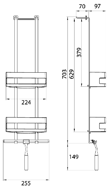 Emco Türetagere System2 mit 2 verschiebbaren Wandkörben und mit 2 Haken, Duschwischer, chrom 354500127