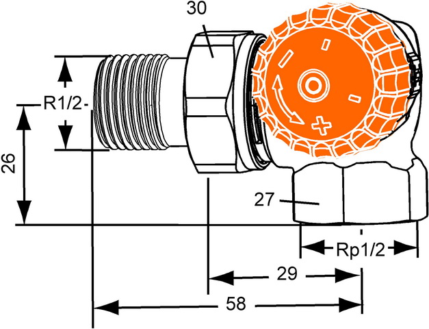 Heimeier Thermostatventil Eclipse, Winkeleck/rechts, DN15 1/2", automatische Durchflussregelung 3934-02.000