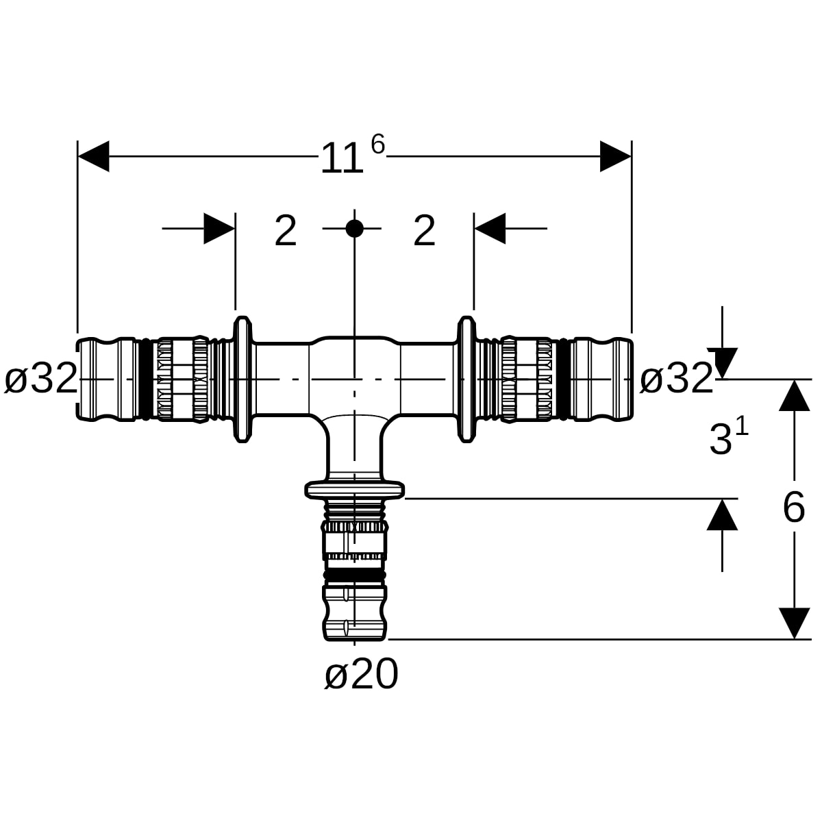 Geberit Mepla T-Stück reduziert PVDF d32-20-32 624.317.00.5