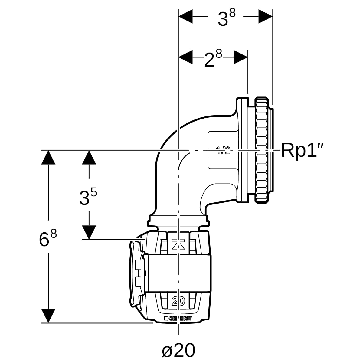 Geberit FlowFit Anschlusswinkel 90 Grad für UP-Spülkasten Rg+ d20-Rp1/2 620.891.00.1