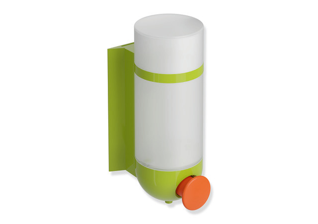 HEWI Seifenspender, Wandsockel / Halterung apfelgrün, Drucktaste koralle, Behälter / Deckel, matt weiß, 500ml, 477.06.11015